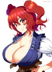 Rule 34 | 1girl, absurdres, breasts, cleavage, cleavage cutout, clothing cutout, commentary request, grin, hair between eyes, hair bobbles, hair ornament, hands on own hips, highres, large breasts, long hair, looking at viewer, mattari yufi, onozuka komachi, red hair, shiny skin, short sleeves, smile, solo, touhou, twintails, twitter username, upper body, white background, yellow eyes