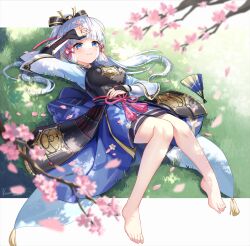 Rule 34 | 1girl, absurdres, arm guards, arm up, armor, ayaka (genshin impact), bare legs, barefoot, blue eyes, blue hair, blunt bangs, blunt tresses, blurry, blurry foreground, blush, breastplate, breasts, cherry blossoms, closed mouth, commentary request, depth of field, eyelashes, feet, flower knot, folding fan, genshin impact, grass, hair ornament, hair ribbon, hand fan, highres, japanese armor, japanese clothes, knees together feet apart, knees up, lalazyt, large breasts, legs, light blue hair, long hair, looking at viewer, on ground, outdoors, ponytail, ribbon, signature, smile, solo, tassel, toenails, toes, tress ribbon