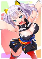 Rule 34 | &gt;:d, 1girl, :d, armpits, arms up, blue eyes, blush, breasts, cleavage, cleavage cutout, clothing cutout, dress, eyelashes, fang, from above, groin, hair ornament, half-closed eyes, highres, kaguya luna, large breasts, looking at viewer, no panties, obi, onsoku inu, open mouth, sash, silver hair, skirt, smile, solo, standing, teeth, the moon studio, thighhighs, twintails, v-shaped eyebrows, virtual youtuber