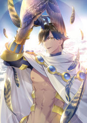 Rule 34 | 1boy, bird, bird on hand, black hair, cape, cloud, commentary request, dark-skinned male, dark skin, earrings, fate/prototype, fate/prototype: fragments of blue and silver, fate (series), feathers, highres, jewelry, looking at viewer, male focus, muscular, nago (na7 go5), navel, nipples, open mouth, ozymandias (fate), solo, sparkle, topless male, upper body, white cape, yellow eyes
