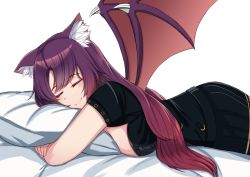 Rule 34 | 1girl, absurdres, animal ears, bat wings, breast press, breasts, cat ears, closed mouth, commission, highres, kanta (kanta 077), large breasts, long hair, lying, hugging object, on back, original, pillow, pillow hug, purple hair, short sleeves, sleeping, smile, solo, transparent background, wings