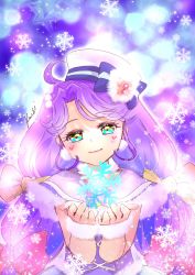 Rule 34 | 1girl, blue eyes, capelet, closed mouth, cure coral, fur-trimmed capelet, fur trim, hair intakes, hat, head tilt, highres, long hair, looking at viewer, manekineko5319, precure, purple capelet, purple hair, smile, snowflakes, solo, tropical-rouge! precure, upper body, very long hair, white hat, wrist cuffs
