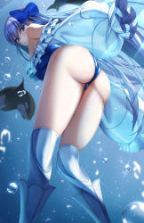 Rule 34 | 1girl, absurdres, ass, bare shoulders, blue bow, blue eyes, blue one-piece swimsuit, bow, bubble, closed mouth, commentary request, fate/grand order, fate (series), frilled one-piece swimsuit, frills, from behind, from below, hair bow, highres, long hair, looking at viewer, meltryllis, meltryllis (fate), meltryllis (swimsuit lancer) (fate), meltryllis (swimsuit lancer) (second ascension) (fate), one-piece swimsuit, purple hair, sleeves past fingers, sleeves past wrists, smile, solo, standing, swimsuit, thighs, tiri man, very long hair