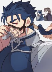 Rule 34 | anger vein, angry, armor, beads, blue bodysuit, blue hair, bodysuit, closed mouth, cu chulainn (fate), cu chulainn (fate/stay night), earrings, fate/stay night, fate (series), grabbing another&#039;s hair, hair beads, hair ornament, jewelry, kotomine kirei, long hair, male focus, muzzle, pauldrons, ponytail, red eyes, shoulder armor, slit pupils, spiked hair, white background, yap (dhgrail)