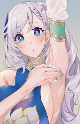 Rule 34 | 1girl, aqua nails, arm up, armpits, bare shoulders, blue eyes, blush, breasts, bright pupils, chestnut mouth, commentary, detached sleeves, earrings, feather hair ornament, feathers, hair ornament, highres, hololive, hololive indonesia, huge breasts, jewelry, long hair, looking at viewer, nail polish, outstretched arm, parted lips, pavolia reine, pavolia reine (1st costume), qiandao you, simple background, sleeveless, solo, sweatdrop, tareme, tissue, upper body, virtual youtuber, white hair, white pupils, wiping