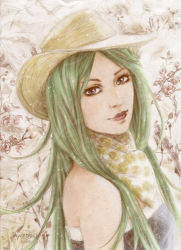 Rule 34 | 1girl, bare shoulders, bisca mulan, breasts, cowboy hat, fairy tail, flower, green hair, hat, lipstick, long hair, looking at viewer, makeup, purple eyes, solo, upper body