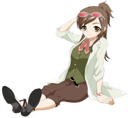 Rule 34 | 1girl, brown eyes, brown hair, capcom, full body, ace attorney, apollo justice: ace attorney, half updo, ema skye, lab coat, long hair, mozuya murasaki, sitting, sleeves rolled up, smile, solo, sunglasses