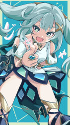 Rule 34 | 1girl, aqua eyes, aqua hair, bare shoulders, cashew 0 dgren, commentary request, dress, faruzan (genshin impact), genshin impact, hair ornament, heart, highres, index finger raised, pointing, pointing at viewer, puffy short sleeves, puffy sleeves, short sleeves, solo, symbol-shaped pupils, triangle-shaped pupils, twintails, white dress, x hair ornament