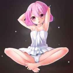 Rule 34 | 1girl, armpits, arms behind head, arms up, barefoot, cameltoe, camisole, donedone, feet, knees apart feet together, lucid (maplestory), maplestory, no pants, open mouth, panties, pink eyes, pink hair, short hair, sitting, soles, solo, spread legs, spread toes, toes, underwear, white camisole, white panties