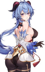 Rule 34 | 1girl, ahoge, ass, back, backless outfit, bare shoulders, black gloves, black legwear, blue hair, bow, bowtie, breasts, cowboy shot, curled horns, detached sleeves, from behind, ganyu (genshin impact), genshin impact, gloves, gold trim, highres, horns, large breasts, leotard, leotard under clothes, long hair, looking at viewer, muki (muki kunxd), purple eyes, sideboob, solo, tassel, thighlet, white background, white sleeves