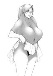 Rule 34 | absurdres, clothes lift, glasses, greyscale, highres, hijab, jnsdh, looking at viewer, mature female, monochrome, simple background, skirt, skirt lift, smile