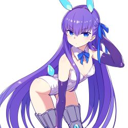 Rule 34 | &gt;:(, alternate costume, animal ears, bent over, blue eyes, boots, chan co, detached collar, elbow gloves, fake animal ears, fate/grand order, fate (series), gloves, hair ribbon, leotard, long hair, looking at viewer, meltryllis (fate), playboy bunny, purple eyes, purple gloves, rabbit ears, rabbit tail, ribbon, simple background, solo, tail, thigh boots, thighhighs, thighs, v-shaped eyebrows, very long hair, white background