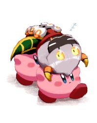 Rule 34 | aruco co, blush stickers, carrying overhead, closed eyes, dual persona, extra arms, fangs, gloves, highres, horns, kirby, kirby (series), nintendo, no humans, rayman limbs, scarf, simple background, sleeping, solid oval eyes, taranza, white background, white hair