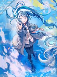 Rule 34 | 1girl, absurdres, aqua eyes, aqua hair, aqua nails, black pantyhose, boots, coat, collared shirt, commentary, fish, floating hair, from tokyo (vocaloid), hatsune miku, highres, holding, holding umbrella, knee boots, long hair, long sleeves, looking at viewer, open hand, open mouth, outstretched arm, pantyhose, pipi, pleated skirt, shirt, skirt, solo, twintails, umbrella, very long hair, vocaloid, white shirt, winter clothes, winter coat