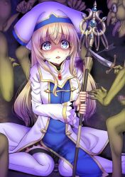 Rule 34 | 10s, 1girl, arrow (projectile), blonde hair, blood, blue eyes, breasts, captured, colored skin, dress, eyebrows, eyelashes, goblin, goblin slayer!, green skin, group sex, hat, highres, imminent rape, injury, jewelry, long hair, monster, multiple boys, orgy, peeing, penis, priestess (goblin slayer!), rape, sad.co, scared, seiza, shaded face, sitting, solo focus, sweatdrop, wariza