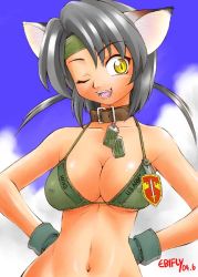Rule 34 | 1girl, ;d, animal ears, arms behind back, belt collar, bikini, breasts, cat ears, cleavage, collar, covered erect nipples, dated, day, dog tags, ebifly, fangs, gloves, green bikini, grey hair, large breasts, looking at viewer, one eye closed, open mouth, signature, smile, solo, swimsuit, united states, wink, yellow eyes