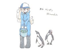 Rule 34 | 1girl, alternate costume, animal, animal name, baseball cap, bird, black footwear, blue hat, blue jacket, blue pants, blush stickers, boots, bucket, commentary, fish, full body, hat, highres, holding, holding bucket, jacket, kagerou project, kozakura marry, long sleeves, looking at animal, looking down, numbered, open mouth, pants, pants tucked in, penguin, pink eyes, sa-fu (sfmk39), simple background, solo, standing, translated, twitter username, two-tone headwear, white background, white hair, white hat