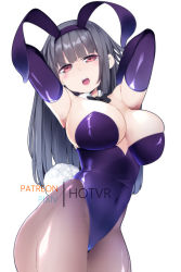 Rule 34 | 1girl, animal ears, armpits, arms up, bare shoulders, black bow, black bowtie, black hair, black pantyhose, bow, bowtie, breasts, commentary, covered navel, cowboy shot, detached collar, elbow gloves, english commentary, fake animal ears, gloves, hairband, hot vr, ijiranaide nagatoro-san, large breasts, legs together, leotard, long hair, looking at viewer, open mouth, paid reward available, pantyhose, pixiv username, playboy bunny, purple gloves, purple hairband, purple leotard, rabbit ears, rabbit tail, red eyes, shiny clothes, simple background, solo, standing, strapless, strapless leotard, sunomiya sana, tail, teeth, upper teeth only, white background
