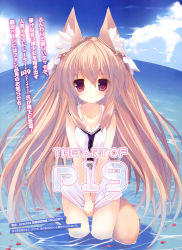 Rule 34 | 1girl, absurdres, animal ear fluff, animal ears, blue sky, breasts, brown hair, cleavage, clothes pull, day, dress, dress pull, fox ears, fox tail, highres, in water, long hair, outdoors, p19, petals, purple eyes, rose petals, sky, sleeveless, sleeveless dress, small breasts, solo, standing, tail, wading