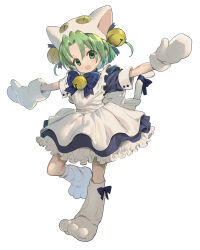 Rule 34 | 1girl, absurdres, animal hat, apron, bell, blue bow, blue bowtie, blue dress, blue ribbon, boots, bow, bowtie, cat hat, cat tail, commentary, dejiko, di gi charat, dress, frills, full body, green eyes, green hair, hair bell, hair ornament, hair ribbon, hat, highres, jingle bell, looking at viewer, maid apron, medium hair, mittens, neck bell, open mouth, outstretched arms, parted bangs, paw shoes, ribbon, short sleeves, simple background, solo, spread arms, standing, standing on one leg, tail, tail ornament, tail ribbon, tanakalma, white apron, white background, white footwear, white hat, white mittens