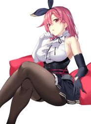 Rule 34 | 1girl, :o, armpit crease, asymmetrical gloves, azur lane, bare shoulders, black gloves, black prince (azur lane), black skirt, breasts, brown pantyhose, commentary request, crossed legs, elbow gloves, gloves, hair between eyes, hair ribbon, hand up, highres, icomochi, invisible chair, large breasts, long hair, looking at viewer, miniskirt, mismatched gloves, open mouth, pantyhose, pink eyes, pink hair, ribbon, shirt, sideboob, simple background, sitting, skirt, sleeveless, sleeveless shirt, solo, underbust, white background, white gloves, white shirt
