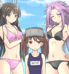 Rule 34 | 10s, 3girls, bad id, bad pixiv id, bikini, black hair, breast envy, breasts, brown eyes, brown hair, flat chest, hair ribbon, hiyou (kancolle), jitome, jun&#039;you (kancolle), kanden sky, kantai collection, multiple girls, one-piece swimsuit, one eye closed, pink eyes, pink hair, red eyes, ribbon, ryuujou (kancolle), school swimsuit, side-tie bikini bottom, swimsuit, twintails, visor cap, wink