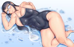 Rule 34 | 1girl, black hair, blue one-piece swimsuit, blush, breasts, cleavage, competition school swimsuit, competition swimsuit, covered navel, curvy, glasses, houkago teibou nisshi, large breasts, long hair, looking at viewer, lying, on side, one-piece swimsuit, oono makoto, opaque glasses, orizen, parted lips, ponytail, puddle, school swimsuit, sidelocks, solo, swimsuit, thick arms, water, wet, wide hips
