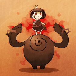 Rule 34 | 1girl, 1other, arms up, black dress, black hair, blush stickers, crown, dress, flower, full body, highres, leaf, looking up, mini crown, mot (anticycle), orange background, parted lips, plant, red eyes, rose, rose (rose to tasogare no kojou), rose to tasogare no kojou, short hair, thorns, titan (rose to tasogare no kojou), vines, white flower, white rose