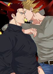 Rule 34 | arm on another&#039;s shoulder, bara, blonde hair, boku no hero academia, denim, endeavor (boku no hero academia), expressionless, eye contact, facial hair, feathered wings, feathers, forked eyebrows, from side, goatee, hawks (boku no hero academia), jeans, large pectorals, looking at another, male focus, mature male, muscular, muscular male, mustache stubble, pants, pectorals, red feathers, scar, scar across eye, short hair, sideburns stubble, spiked hair, stubble, sweater, thick eyebrows, turtleneck, turtleneck sweater, upper body, wings, yan (bltyann), yaoi