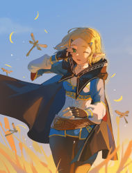 Rule 34 | 1girl, blonde hair, blush, braid, breasts, bug, butterfly, cape, crown braid, fingerless gloves, flower, gloves, green eyes, hair ornament, hairclip, highres, insect, jewelry, long sleeves, looking at viewer, medium breasts, nintendo, open mouth, parted bangs, pointy ears, princess zelda, short hair, smile, solo, the legend of zelda, the legend of zelda: breath of the wild, the legend of zelda: tears of the kingdom, wufaxianshi cnd