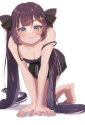 Rule 34 | 1girl, all fours, aqua eyes, bare arms, bare legs, bare shoulders, barefoot, blue eyes, breasts, camisole, casual, cleavage, closed mouth, eyebrows hidden by hair, genshin impact, hair between eyes, hair ornament, highres, light blush, long hair, looking at viewer, loungewear, medium breasts, mona (genshin impact), purple hair, short shorts, shorts, simple background, solo, strap slip, thick eyelashes, tsurime, twintails, very long hair, yamazakura118