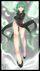 Rule 34 | 1girl, angry, ass, bare legs, black border, black dress, border, colored skin, covered navel, crossed arms, dress, female focus, full body, green eyes, green hair, isshiki (ffmania7), long legs, looking at viewer, matching hair/eyes, no panties, no pants, one-punch man, petite, psychic, solo, tatsumaki, twitter username, white skin