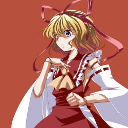 Rule 34 | 1girl, ascot, blonde hair, blue eyes, bow, cosplay, detached sleeves, doll joints, female focus, hair bow, hakurei reimu, hakurei reimu (cosplay), joints, medicine melancholy, no bra, open mouth, short hair, solo, touhou, wakanita
