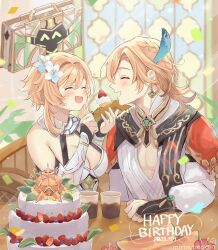 Rule 34 | 1boy, 1girl, blonde hair, breasts, cake, closed eyes, cup, dated, dress, earrings, feather hair ornament, feathers, feeding, flower, food, fork, fruit, genshin impact, hair between eyes, hair flower, hair ornament, happy birthday, highres, holding, holding fork, jewelry, kaveh (genshin impact), long sleeves, lumine (genshin impact), medium breasts, mirin pengin, shared food, shirt, strawberry, suitcase, white dress, white shirt