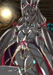 Rule 34 | 1girl, absurdly long hair, blush, breasts, cleavage, glowing, highres, large breasts, long hair, nia (blade) (xenoblade), nia (xenoblade), ribbon, shy, spoilers, thighs, third-party edit, twintails, very long hair, xenoblade chronicles (series), xenoblade chronicles 2