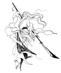 Rule 34 | 1boy, anklet, bungou to alchemist, floating hair, full body, greyscale, hair between eyes, hair ornament, hair stick, highres, holding, holding polearm, holding weapon, ichimoku (tansio5), japanese clothes, jewelry, kimono, leg up, long hair, looking back, male focus, monochrome, naginata, polearm, ponytail, sandals, sash, shawl, simple background, sketch, smile, solo, tanizaki junichirou (bungou to alchemist), weapon, white background, wide sleeves, zouri