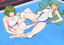 Rule 34 | 2girls, ahegao, boots, breasts, collarbone, covered navel, cross-laced footwear, elbow pads, frog hair ornament, frottage, green eyes, green hair, hair ornament, hair tubes, j.a.l, kazami yuuka, knee pads, kochiya sanae, large breasts, leotard, long hair, multiple girls, one-piece swimsuit, open mouth, pain, red eyes, ryona, short hair, snake hair ornament, submission hold, swimsuit, touhou, touhou tag dream, white footwear, white one-piece swimsuit, wrestling, wrestling outfit, wrestling ring