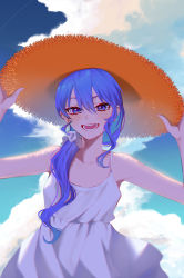 Rule 34 | 1girl, :d, bare arms, blue eyes, blue hair, blue sky, blush, breasts, cloud, dress, hair between eyes, hair ornament, hair over shoulder, hair scrunchie, hands on headwear, hat, highres, hololive, hoshimachi suisei, long hair, looking at viewer, open mouth, ponytail, saco (cgmore), scrunchie, sky, small breasts, smile, solo, star (symbol), star in eye, straw hat, sun hat, sundress, symbol in eye, virtual youtuber, white dress