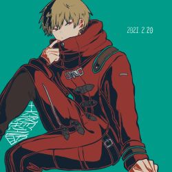 Rule 34 | 1boy, adjusting clothes, arm support, blonde hair, coat, commentary request, danganronpa (series), danganronpa 3 (anime), dated, earrings, from side, green background, hand up, invisible chair, izayoi sounosuke, jewelry, kiri (2htkz), knee up, long sleeves, looking at viewer, male focus, red coat, red eyes, short hair, simple background, sitting, solo