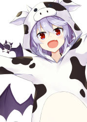 Rule 34 | 1girl, akisome hatsuka, alternate costume, animal costume, arms up, bat (animal), bat wings, blue hair, chinese zodiac, commentary request, cow costume, fang, hair between eyes, head tilt, looking at viewer, open mouth, outstretched arms, partial commentary, red eyes, remilia scarlet, short hair, simple background, skin fang, solo, spread arms, standing, touhou, upper body, white background, wings, year of the ox