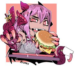 Rule 34 | 1girl, anger vein, animal hands, artist name, bad link, burger, claws, commission, dragon girl, dragon horns, eating, extra mouth, fangs, fins, food, french fries, gold teeth, head fins, heart, holding, horns, jabberwock (monster girl encyclopedia), long hair, looking at viewer, monster girl encyclopedia, open mouth, orange background, ponytail, purple hair, ramenwarwok, red eyes, second-party source, signature, simple background, solo, tentacles, tray, upper body