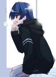 Rule 34 | 1girl, black jacket, black shorts, blue eyes, blue hair, blush, commentary request, dark blue hair, from side, hair down, hand on own face, hand rest, highres, hood, hood down, hooded jacket, jacket, kanduki kamibukuro, link! like! love live!, long hair, long sleeves, looking ahead, love live!, murano sayaka, on bed, open mouth, shorts, sitting, sleepy, sleeves past wrists, solo, virtual youtuber, white background, yawning