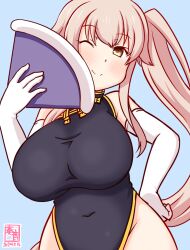 Rule 34 | 1girl, blue background, blush, breasts, china dress, chinese clothes, dress, elbow gloves, folding fan, gloves, gradient background, hand fan, holding, holding fan, kanon (kurogane knights), kantai collection, large breasts, long hair, looking at viewer, one-hour drawing challenge, one eye closed, pink hair, ponytail, ribbon, solo, upper body, very long hair, white gloves, yellow eyes, yura (kancolle)