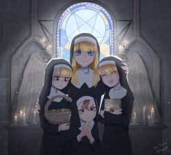 Rule 34 | 4girls, absurdres, alternate costume, basket, black dress, blonde girl (popopoka), blonde hair, blue eyes, brown hair, candle, cat baguette (popopoka), closed mouth, clumsy nun (diva), commission, dress, froggy nun (diva), habit, hand on another&#039;s head, hand on another&#039;s shoulder, highres, holding, holding basket, jewelry, little nuns (diva), long hair, looking at viewer, multiple girls, nun, original, pentagram, popopoka, ring, smile, spicy nun (diva), the silmarillion, tolkien&#039;s legendarium, tolkien's legendarium, traditional nun, wings