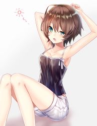 Rule 34 | 1girl, aqua eyes, arm behind head, arm up, armpits, blush, breasts, brown hair, camisole, cleavage, commentary, grey background, hair between eyes, half-closed eye, knees together feet apart, legs, looking at viewer, medium breasts, open mouth, original, ribbon, shadow, short hair, shorts, simple background, sitting, solo, thighs, uneven eyes, waking up, white ribbon, white shorts, yawning, yuya (night lily)