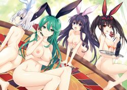 Rule 34 | 4girls, absurdres, animal ears, arm under breasts, ass, back, bare legs, barefoot, black hair, blue eyes, bow, breast hold, breasts, breath (artist), card, card in mouth, clock eyes, collarbone, completely nude, date a live, fake animal ears, feet, green eyes, green hair, groin, hair bow, hair ornament, heterochromia, highres, holding, holding card, large breasts, long hair, looking at viewer, mouth hold, multiple girls, natsumi (date a live), navel, nipples, nude, nude filter, open mouth, purple eyes, purple hair, rabbit ears, red eyes, short hair, sideboob, sidelocks, sitting, smile, stomach, symbol-shaped pupils, tail, thighs, third-party edit, tobiichi origami, tokisaki kurumi, tsunako, twintails, white hair, yatogami tooka