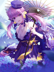 Rule 34 | 1girl, absurdres, alternate costume, ark order, bad id, bad pixiv id, colored inner hair, commentary request, drill hair, flower, hair ribbon, hat, highres, hololive, japanese clothes, kimono, long hair, looking at viewer, minato aqua, multicolored hair, nail polish, open mouth, petals, purple eyes, ribbon, solo, takano jiyuu, twin drills, virtual youtuber, yukata
