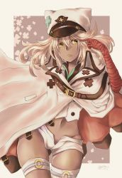 Rule 34 | 1girl, arc system works, bandaged arm, bandages, blonde hair, dark-skinned female, dark skin, fighting game, guilty gear, guilty gear strive, hat, highres, mariebell, military hat, ramlethal valentine, short shorts, shorts, solo, thigh strap, white hat, yellow eyes