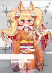 Rule 34 | 1girl, :&lt;, animal ears, blonde hair, blush, closed mouth, collarbone, female focus, flat chest, floral print, flower, fox ears, furry, furry female, grey background, hair flower, hair ornament, hands up, japanese clothes, kimono, long hair, long sleeves, looking at viewer, nose blush, obi, onikuman, orange kimono, original, red eyes, sash, simple background, solo, sparkle, standing, straight-on, twintails, w, white flower, wide sleeves