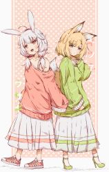 Rule 34 | 2girls, ahoge, animal ears, back-to-back, blonde hair, rabbit ears, commentary request, fox ears, fox tail, full body, green eyes, green sweater, hair ornament, hairclip, high heels, jerry3912, long hair, low twintails, multiple girls, off shoulder, open mouth, original, oversized clothes, pink sweater, red eyes, shoes, short hair, silver hair, skirt, sleeves past wrists, smile, sneakers, sweater, tail, twintails, white skirt